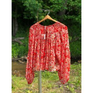 Free People Red Floral Pleated Blouse